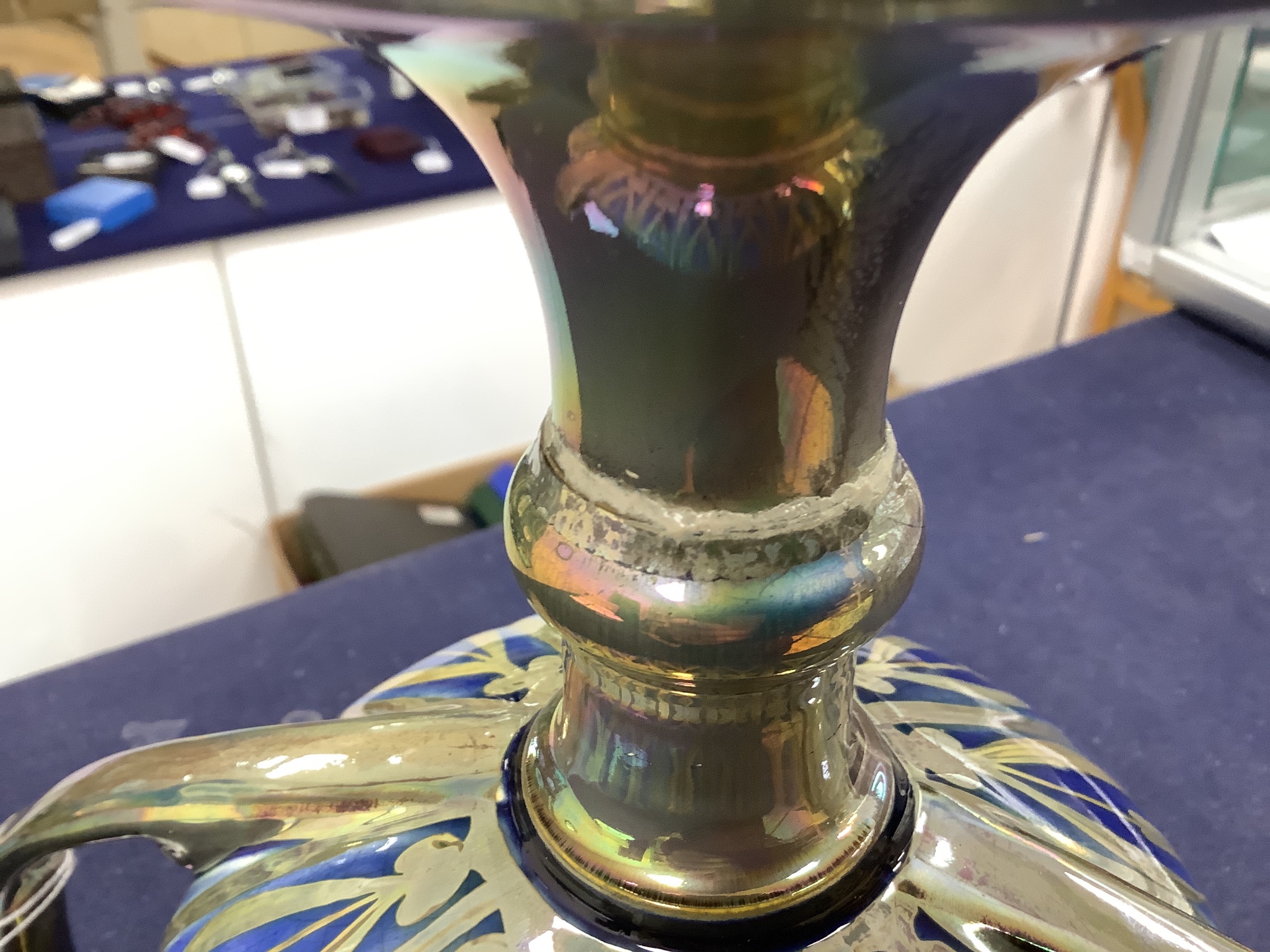 A Pilkingtons Royal Lancastrian lustre loving cup, monogram for Gordon M Forsyth, height 24cm (a.f.)